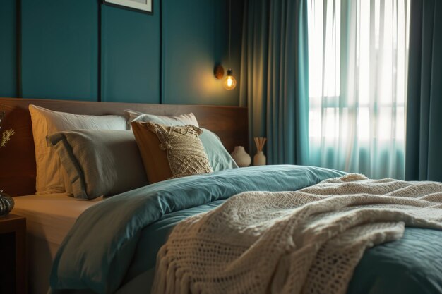 Camera da letto accogliente con biancheria da letto strutturata e decorazioni