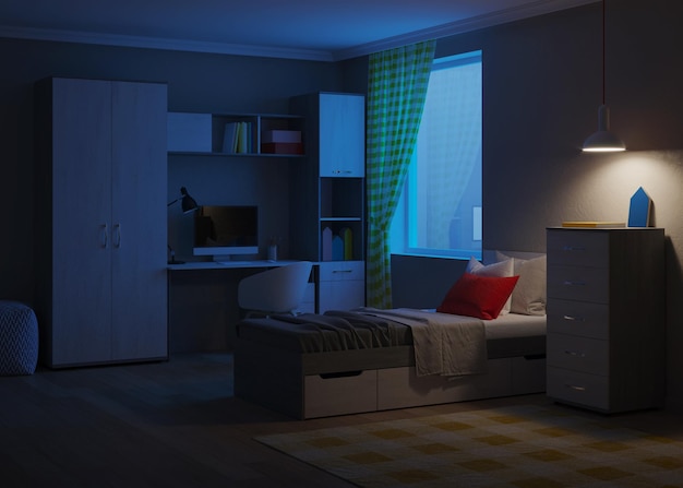 Camera da letto accogliente ed elegante progettata per un adolescente. Notte. Illuminazione serale. Rendering 3D.