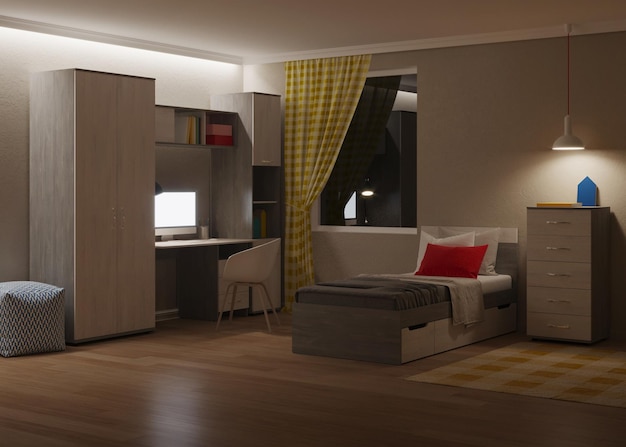 Camera da letto accogliente ed elegante progettata per un adolescente. Notte. Illuminazione serale. Rendering 3D.