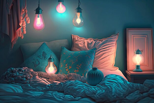 Camera da letto al neon con cuscini e coperte nell'interno del bagno della lampadina a lume di candela generativa ai