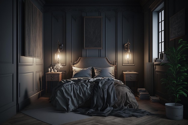 Camera da letto arredata in stile rustico con una combinazione di colori scuri