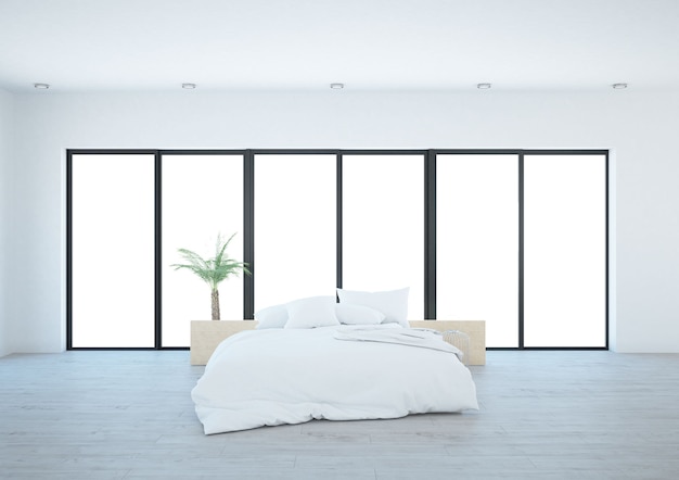Camera da letto bianca con ampie finestre sul terrazzo