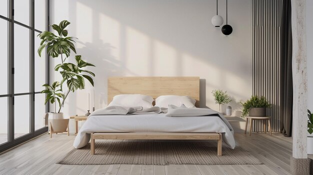Camera da letto bianca con elementi di decorazione semplici in un appartamento in stile spiaggia Generative Ai