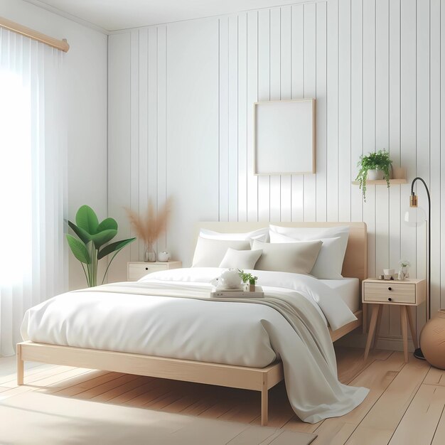 Camera da letto bianca con mobili in legno naturale immagine