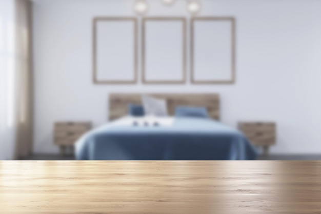 Camera da letto bianca con pavimento in legno, letto matrimoniale con comodino e galleria di poster. rendering 3d mock up sfocato