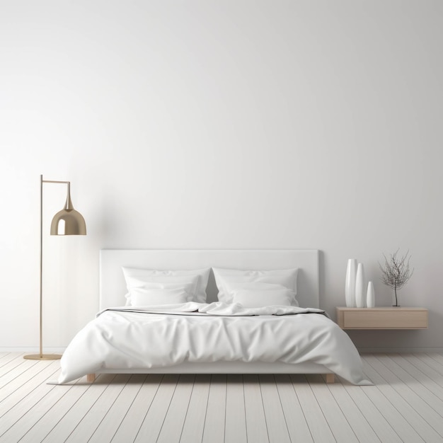 Camera da letto bianca decorata in stile minimalista