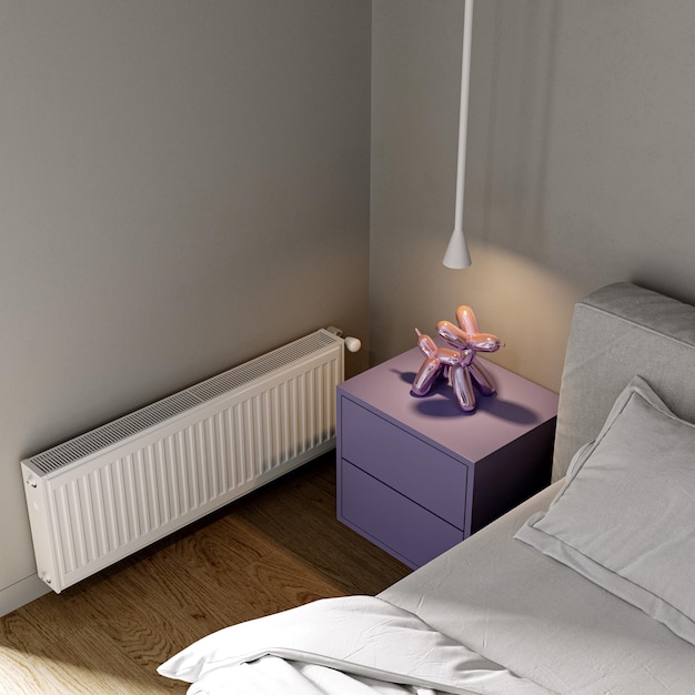 Camera da letto bianca interna moderna con comodini viola Vista dall'alto