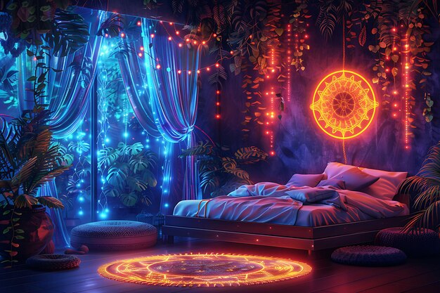 Camera da letto Bo Chicho con un letto a baldacchino Dreamcatchers e un Gall Interior Room Neon Light VR Concept