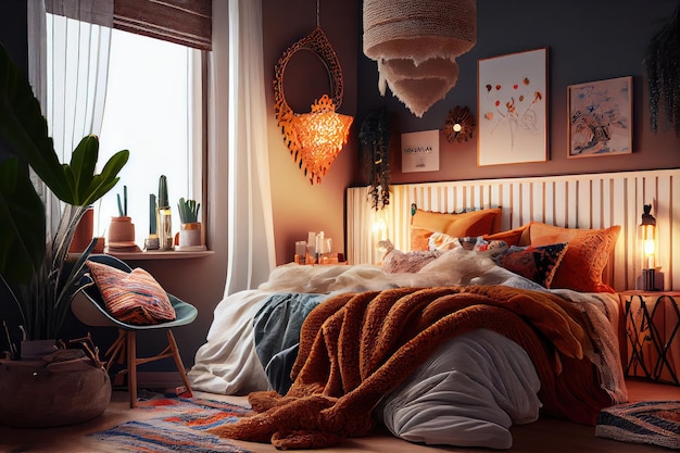 Camera da letto boho di ispirazione scandinava con luci calde, decorazioni colorate e tessuti testurizzati