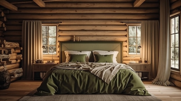 Camera da letto cabina di legno beige verde con letto matrimoniale laterale in legno AI generativa
