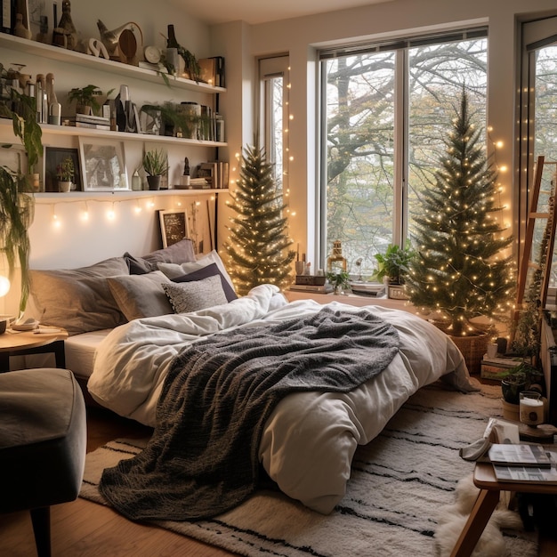 camera da letto con albero di Natale e altre decorazioni