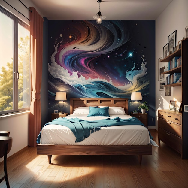camera da letto con dipinto colorato sul muro