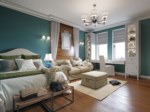 Camera da letto con divano letto e tavolo vicino alla finestra, interni in stile provenzale con mobili bianchi e pareti blu. Rendering 3D