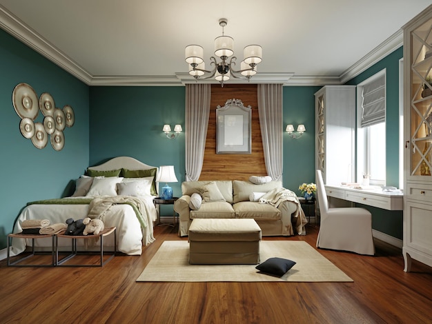 Camera da letto con divano letto e tavolo vicino alla finestra, interni in stile provenzale con mobili bianchi e pareti blu. Rendering 3D