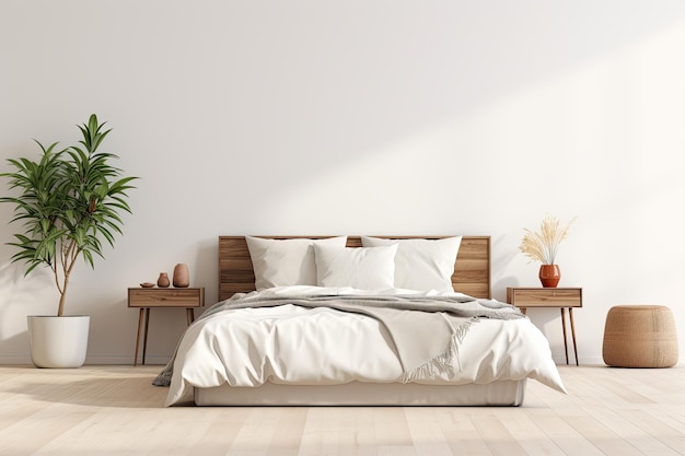 Camera da letto con giroletto in legno e pianta nell'angolo