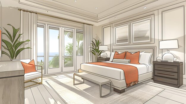Camera da letto con grande comodino, comodino, poltrona e porte scorrevoli in vetro
