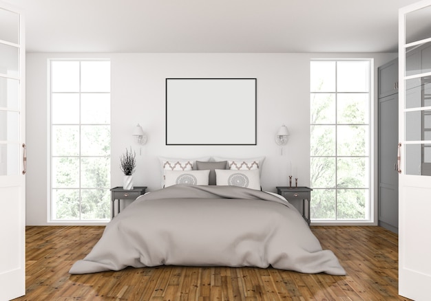 Camera da letto con mockup cornice orizzontale vuota