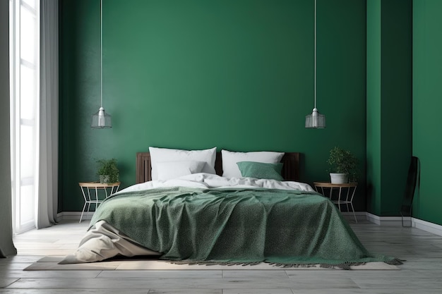 Camera da letto con parete verde e letto bianco