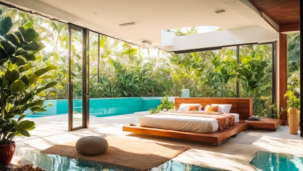 Camera da letto con piante tropicali in piscina