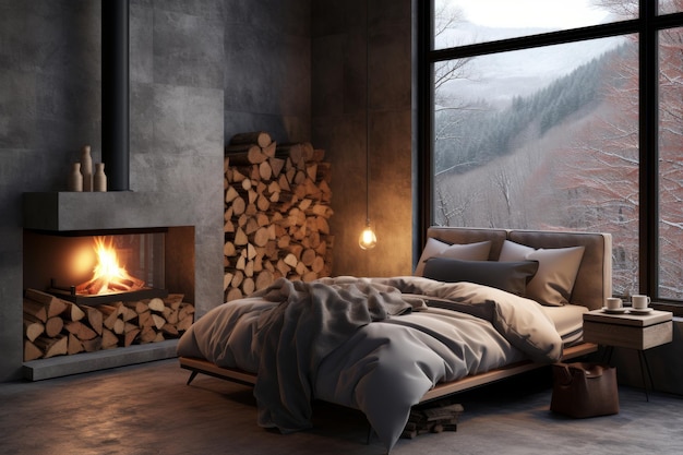 Camera da letto con un camino a legna e grandi finestre minimaliste con paesaggio invernale dietro di loro