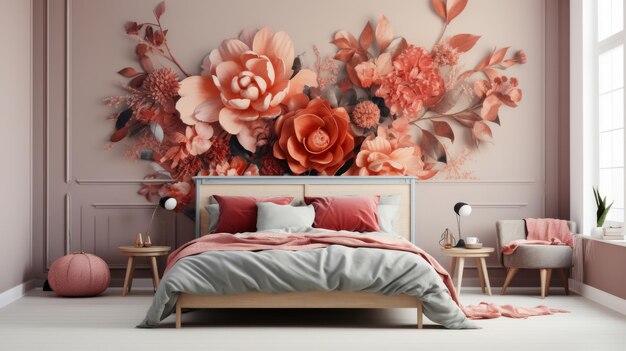 Camera da letto con un grande murale di fiori sulla parete