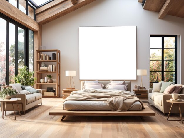 Camera da letto contemporanea con grandi finestre e vista autunnale Concept di abitazione confortevole AI generativa
