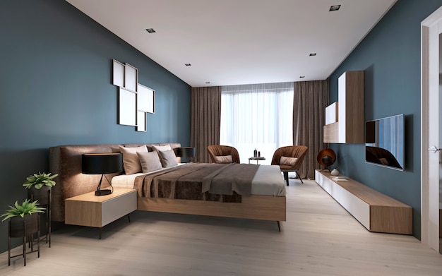 Camera da letto contemporanea con pareti blu scuro e mobili chiari e due sedie marroni. Rendering 3D