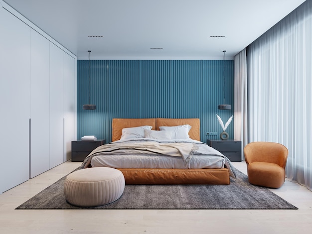 Camera da letto contemporanea con una parete blu e bianca e un letto arancione e una sedia con un rendering 3d pouf beige