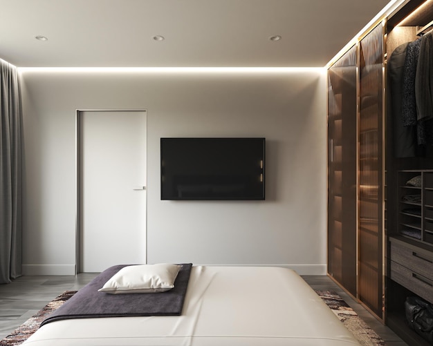 Camera da letto dal design d'interni di lusso minimo e moderno con letto Mockup vuoto illustrazione tv 3d rendering