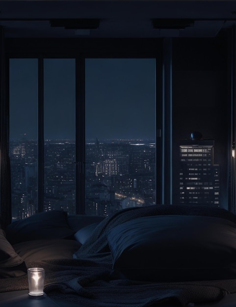 camera da letto dell'attico di notte scura e cupo una stanza con vista sulla città dal letto