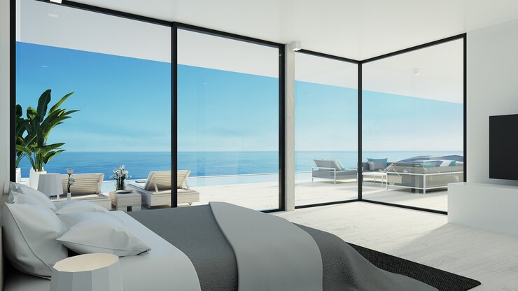 camera da letto della spiaggia / rendering 3D