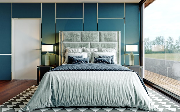 Camera da letto di design in blu e bianco con parquet marrone e una grande finestra panoramica con vista