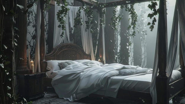 Camera da letto di design interno gotico con piante letto a quattro pali scuro tende leggere lenzuola bianca