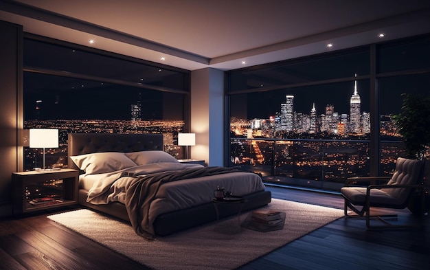 Camera da letto di lusso con vista notturna della città 3D Rendering