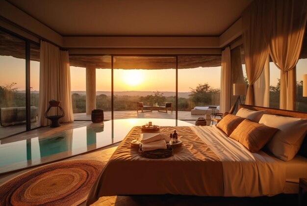 camera da letto di lusso con vista sulla piscina e tramonto la sera ai generativo