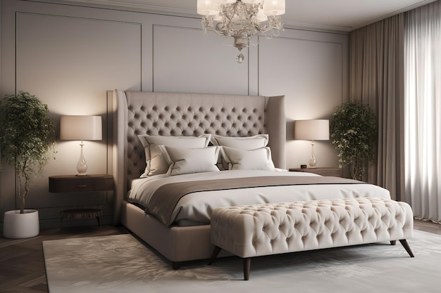 Camera da letto di lusso in colori chiari con dettagli di mobili dorati Camera da letto moderna InteriorGenerative AI