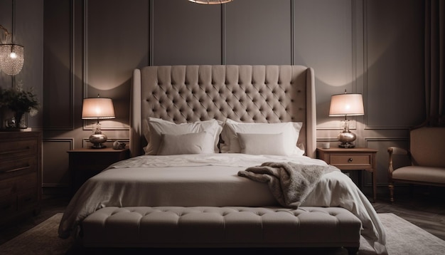 Camera da letto di lusso moderna con testiera elegante, comodi letti e illuminazione generata da AI