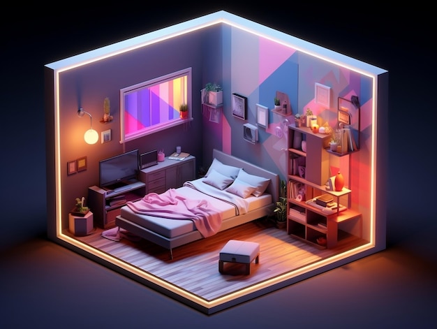 Camera da letto estetica lowpoly isometrica piccola stanza 3D con illuminazione RGB