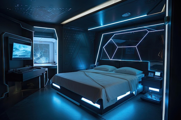 Camera da letto futuristica con display olografici e controlli interattivi