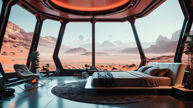 Camera da letto futuristica con vista sul deserto