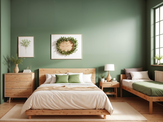 camera da letto in colori naturali con parete verde mobili in legno