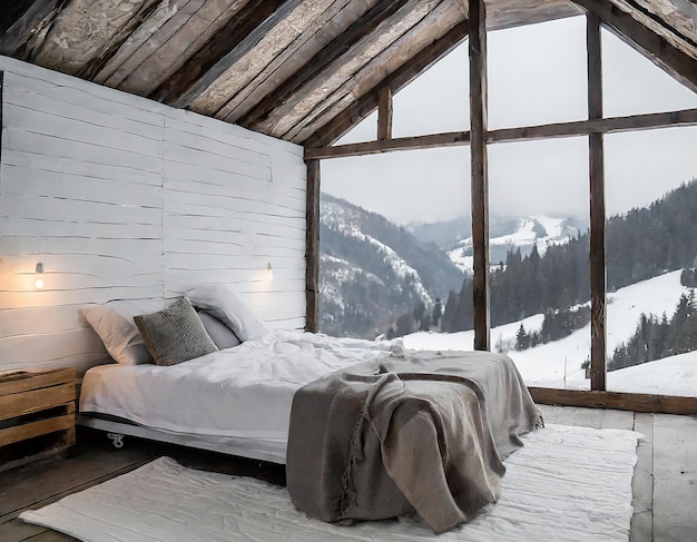 Camera da letto in soffitta in montagna con ambiente invernale con copertina o coperta