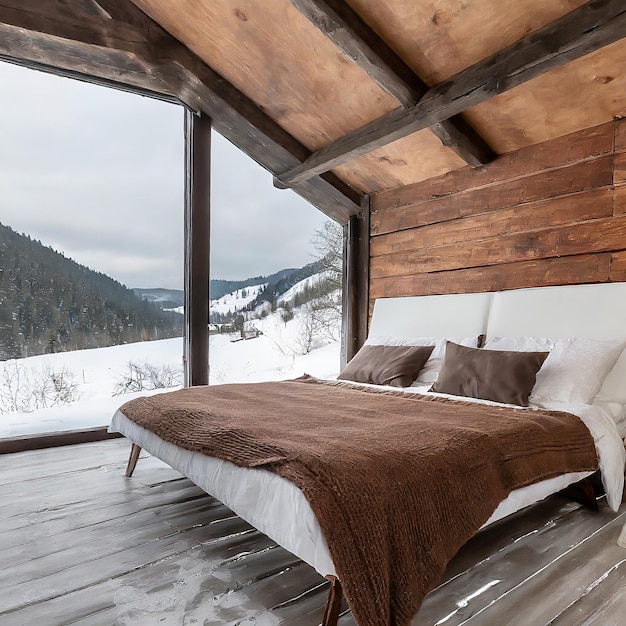 Camera da letto in soffitta in montagna con ambiente invernale con copertina o coperta