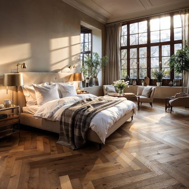 Camera da letto in stile classico con pavimenti in parquet in legno