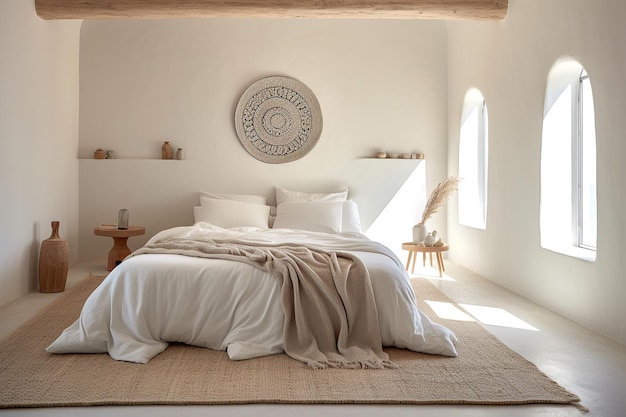 Camera da letto in stile mediterraneo con messa in scena minimalista e colori puliti Concetto di decorazione della casa