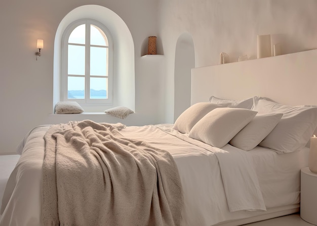 Camera da letto in stile mediterraneo con messa in scena minimalista e colori puliti Concetto di decorazione della casa