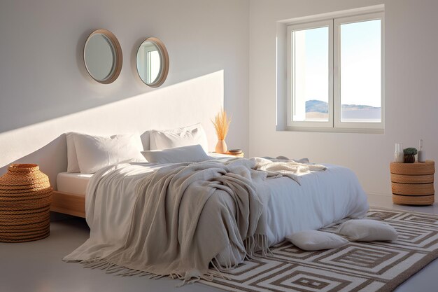 Camera da letto in stile mediterraneo con messa in scena minimalista e colori puliti Concetto di decorazione della casa