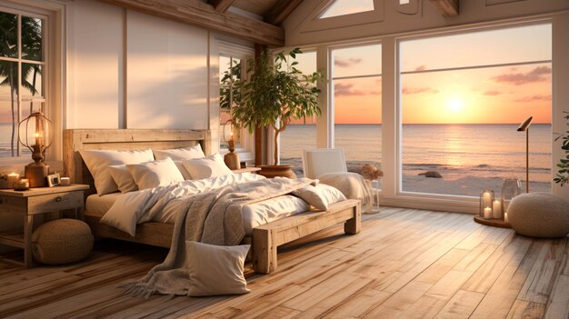 Camera da letto in stile tradizionale costiero con finestra decorata con vimini e lino