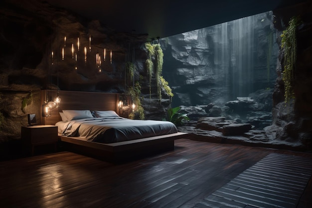 camera da letto in un hotel con finestre panoramiche che si affacciano su una cascata in una foresta profonda il relax