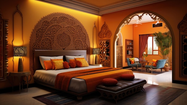 Camera da letto indiana con un design interno vibrante e dinamico